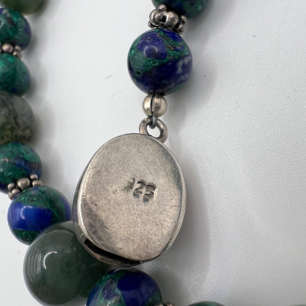 VTG 925 Sterling Azurite Malachite Moss Agate Mother of Pearl Beaded Necklace - Picture 3 of 13